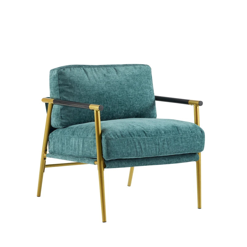 Poltrona moderna imbottita, tessuto verde smeraldo, struttura in legno massello, poltrona da salotto