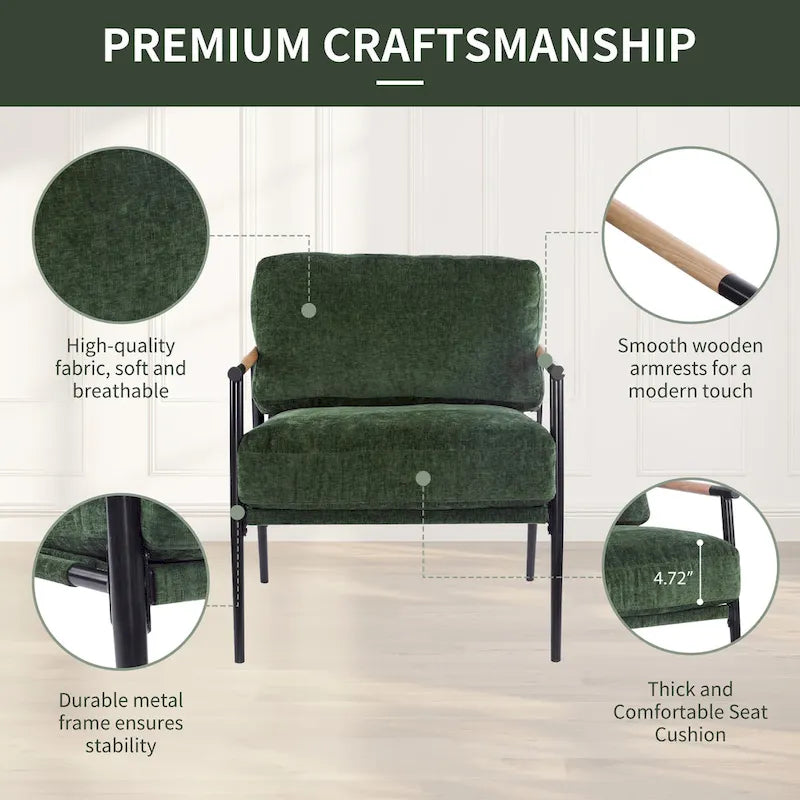 Poltrona moderna imbottita, tessuto verde smeraldo, struttura in legno massello, poltrona da salotto