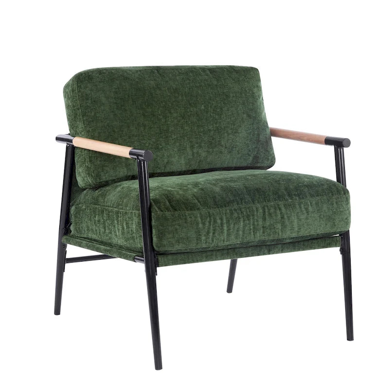 Poltrona moderna imbottita, tessuto verde smeraldo, struttura in legno massello, poltrona da salotto
