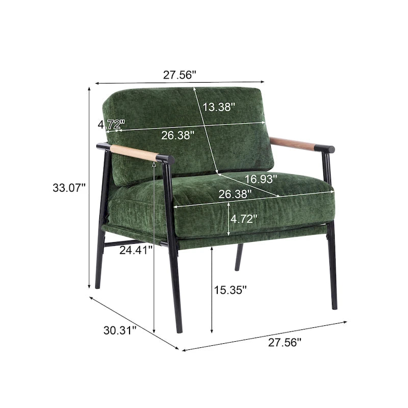 Poltrona moderna imbottita, tessuto verde smeraldo, struttura in legno massello, poltrona da salotto