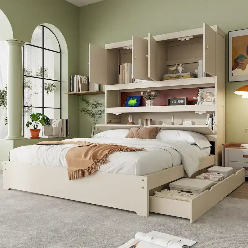 Letto matrimoniale con struttura in legno e contenitore con testiera portaoggetti