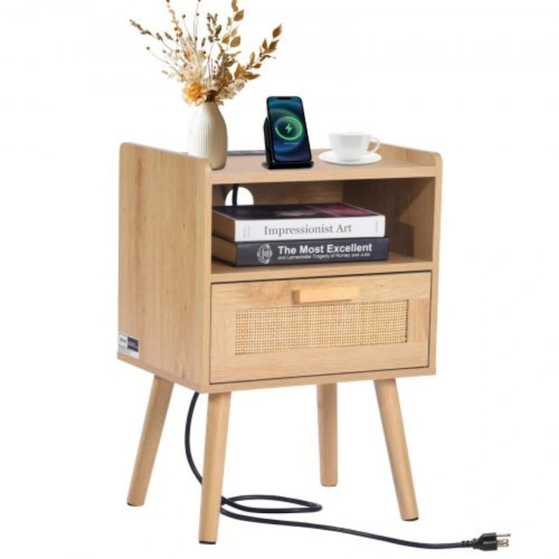 Comodino/Tavolino Laterale in Legno Naturale con 1 Cassetto e Ripiano Aperto, Adatto per Soggiorno o Camera da Letto
