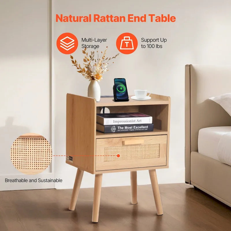 Comodino/Tavolino Laterale in Legno Naturale con 1 Cassetto e Ripiano Aperto, Adatto per Soggiorno o Camera da Letto
