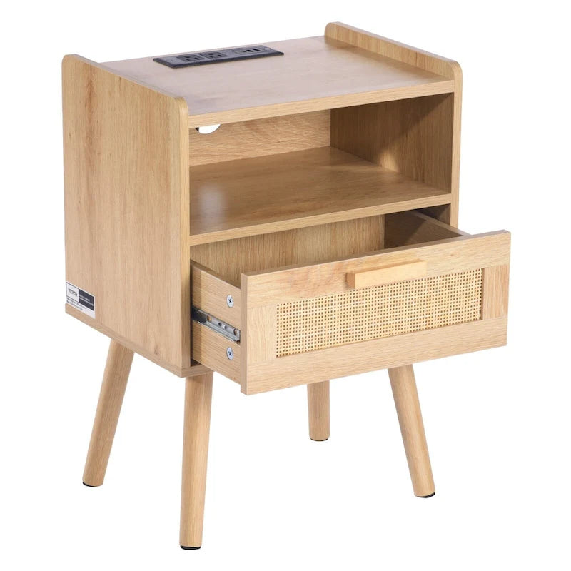 Comodino/Tavolino Laterale in Legno Naturale con 1 Cassetto e Ripiano Aperto, Adatto per Soggiorno o Camera da Letto