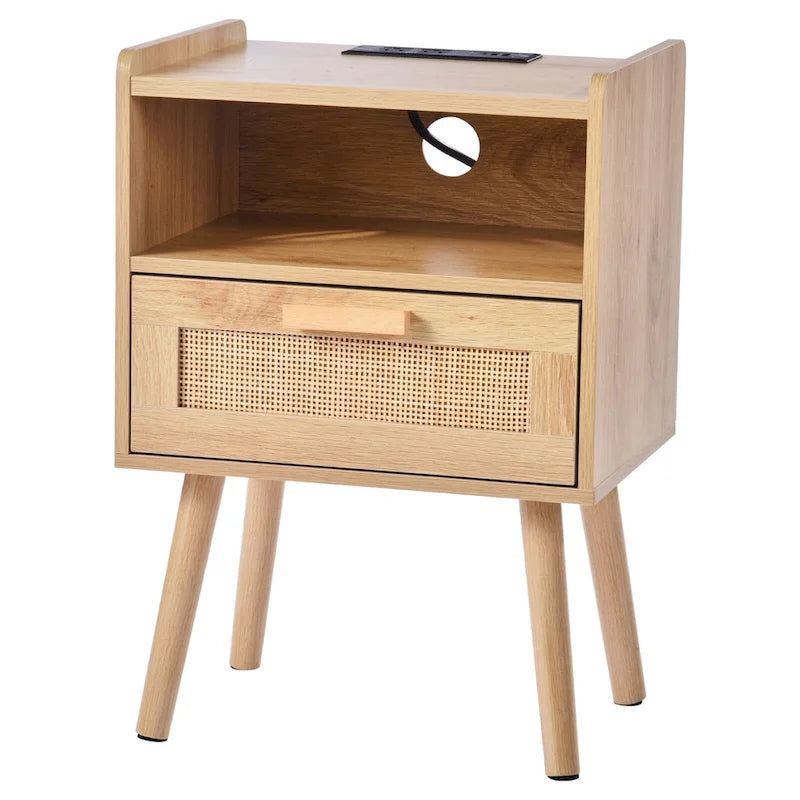 Comodino/Tavolino Laterale in Legno Naturale con 1 Cassetto e Ripiano Aperto, Adatto per Soggiorno o Camera da Letto