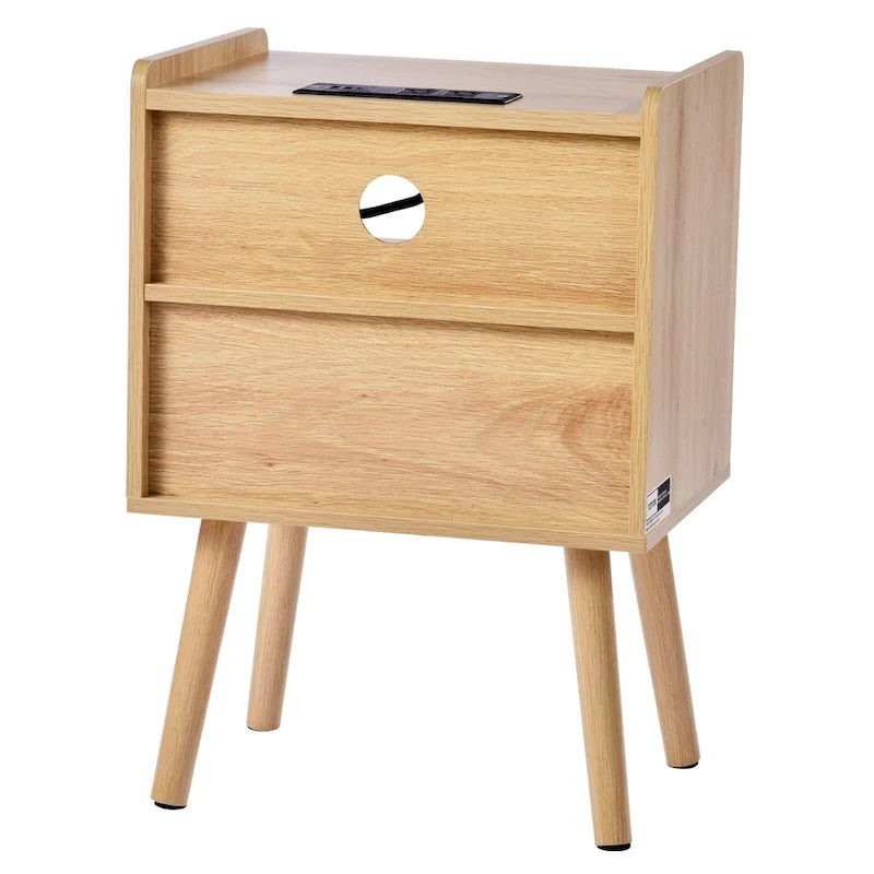 Comodino/Tavolino Laterale in Legno Naturale con 1 Cassetto e Ripiano Aperto, Adatto per Soggiorno o Camera da Letto
