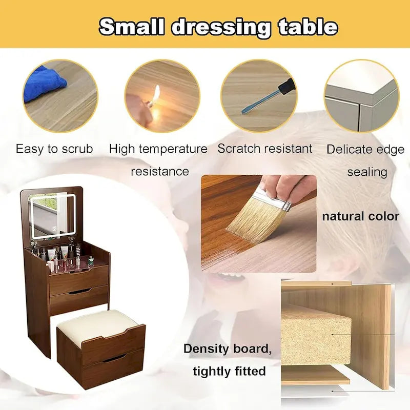 Tavolo da toilette 3-in-1 da 48 cm - Specchio ribaltabile, piano in vetro e 3 cassetti, tavolo da trucco compatto per camera da letto