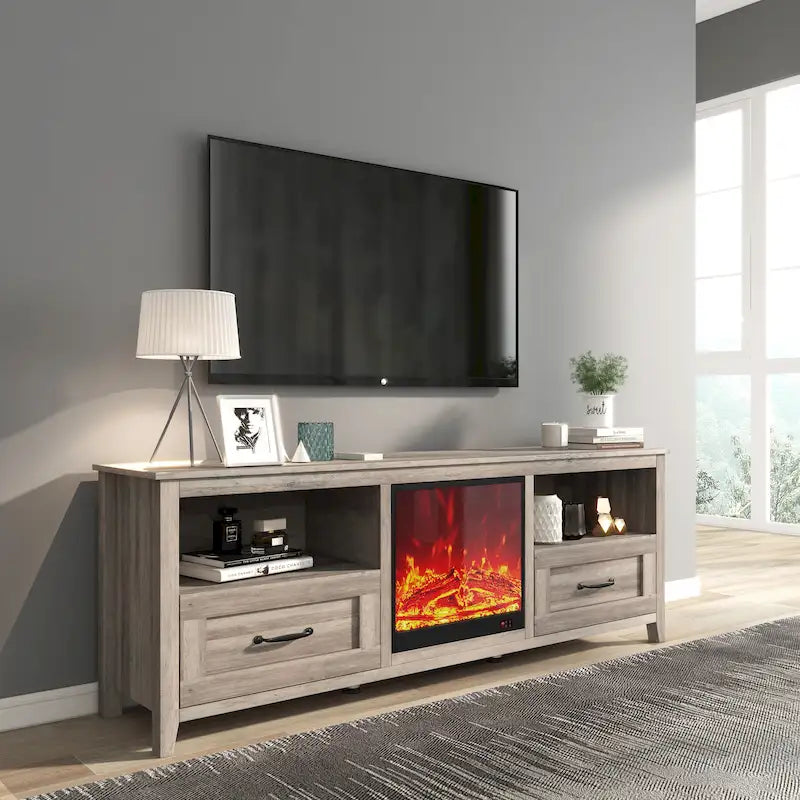 Mobile TV con caminetto da 70", Centro di intrattenimento, Inserto per caminetto elettrico da 18", Fiamma a LED, Telecomando