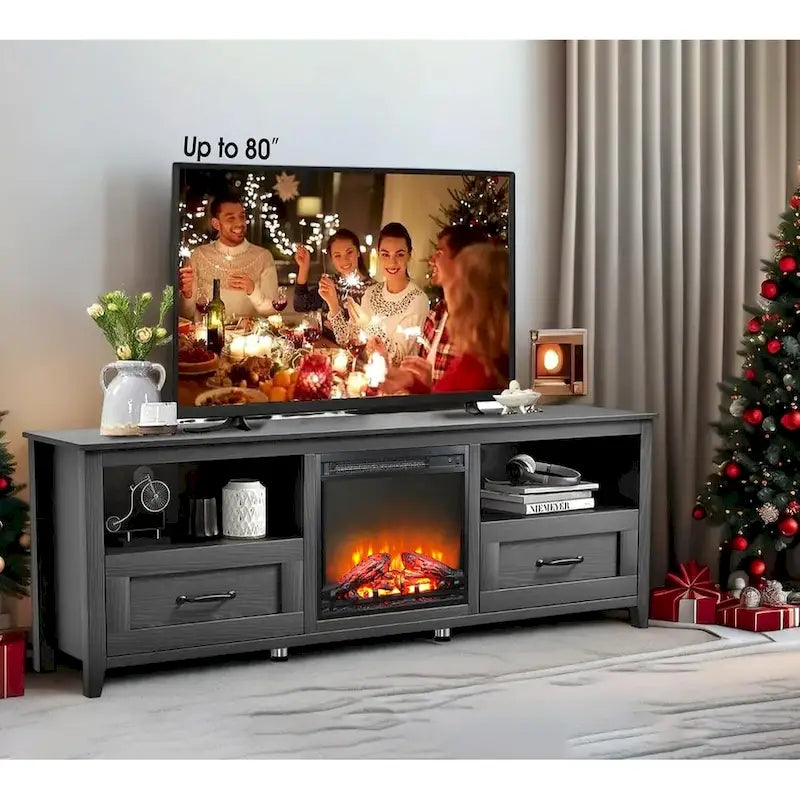 Mobile TV con caminetto da 70", Centro di intrattenimento, Inserto per caminetto elettrico da 18", Fiamma a LED, Telecomando
