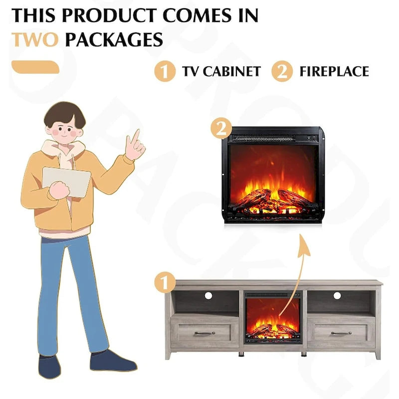 Mobile TV con caminetto da 70", Centro di intrattenimento, Inserto per caminetto elettrico da 18", Fiamma a LED, Telecomando
