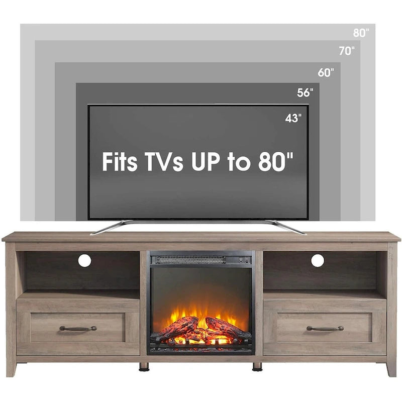 Mobile TV con caminetto da 70", Centro di intrattenimento, Inserto per caminetto elettrico da 18", Fiamma a LED, Telecomando
