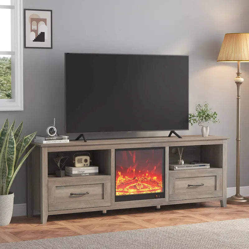 Mobile TV con caminetto da 70", Centro di intrattenimento, Inserto per caminetto elettrico da 18", Fiamma a LED, Telecomando