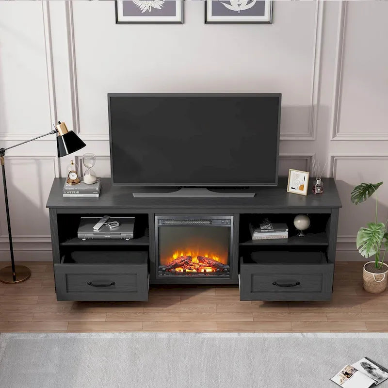 Mobile TV con caminetto da 70", Centro di intrattenimento, Inserto per caminetto elettrico da 18", Fiamma a LED, Telecomando