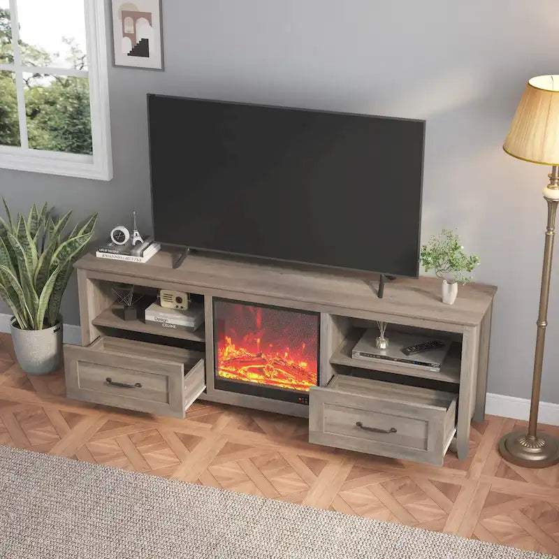 Mobile TV con caminetto da 70", Centro di intrattenimento, Inserto per caminetto elettrico da 18", Fiamma a LED, Telecomando