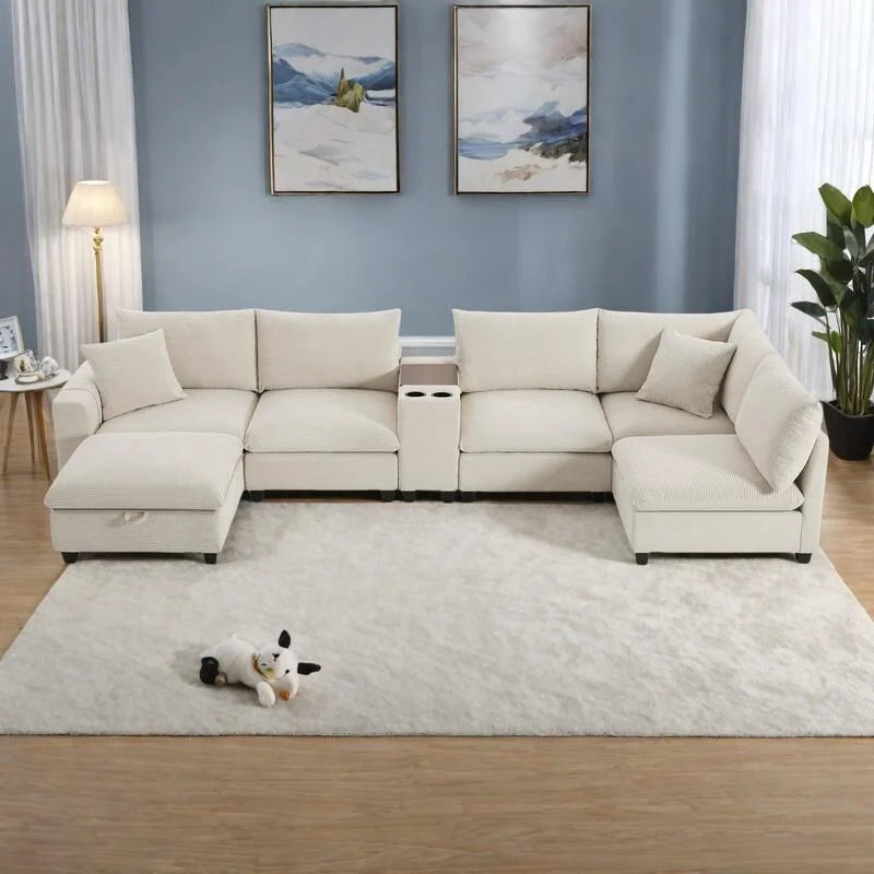 Divano sezionale modulare a U in velluto a coste 140 con pouf portaoggetti e console, caricatore USB, portabicchieri e sedute larghe 30