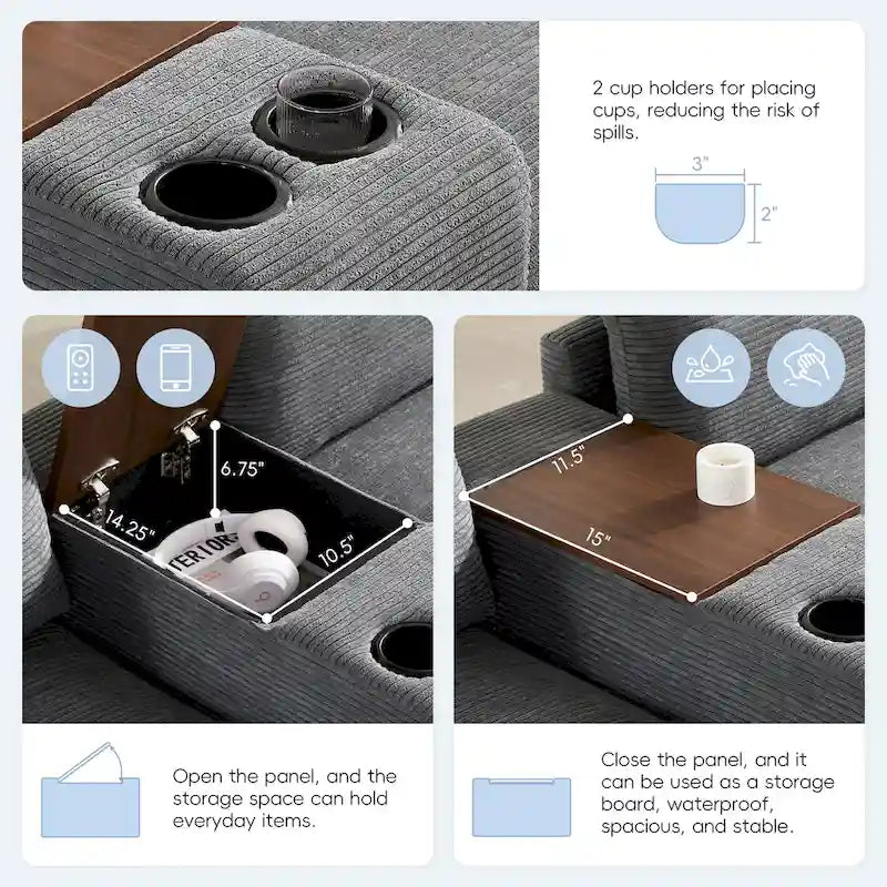 Divano sezionale modulare a U in velluto a coste 140 con pouf portaoggetti e console, caricatore USB, portabicchieri e sedute larghe 30