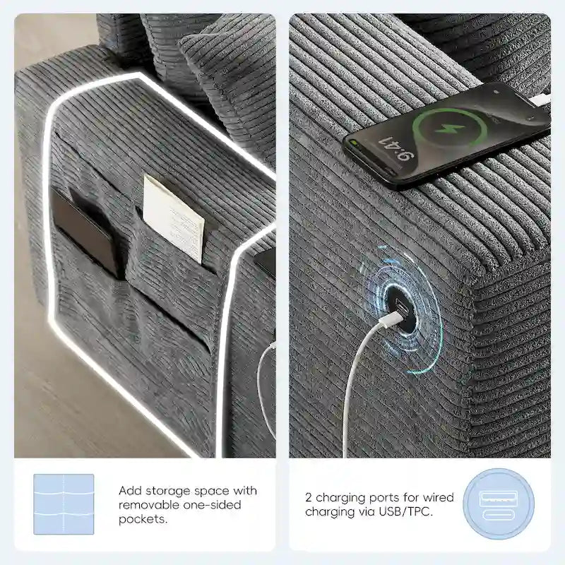 Divano sezionale modulare a U in velluto a coste 140 con pouf portaoggetti e console, caricatore USB, portabicchieri e sedute larghe 30