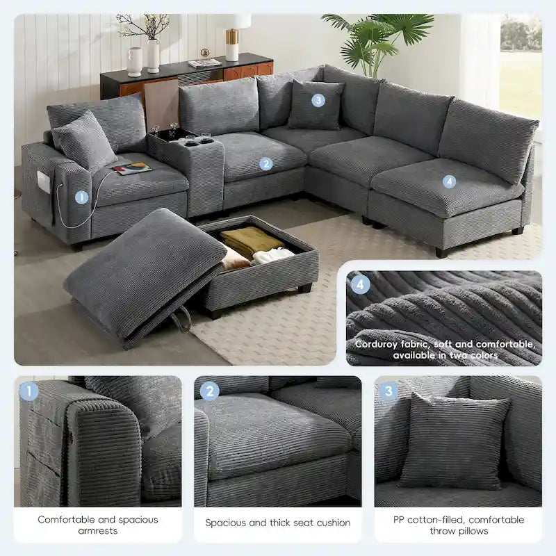 Divano sezionale modulare a U in velluto a coste 140 con pouf portaoggetti e console, caricatore USB, portabicchieri e sedute larghe 30