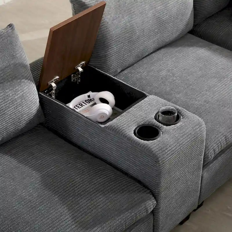 Divano sezionale modulare a U in velluto a coste 140 con pouf portaoggetti e console, caricatore USB, portabicchieri e sedute larghe 30