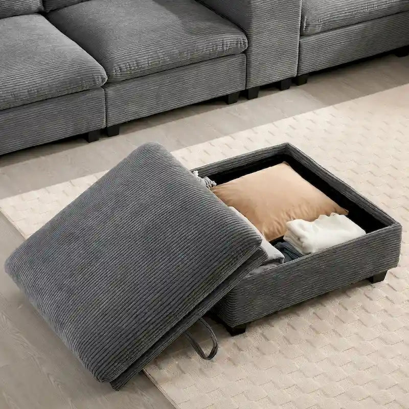 Divano sezionale modulare a U in velluto a coste 140 con pouf portaoggetti e console, caricatore USB, portabicchieri e sedute larghe 30
