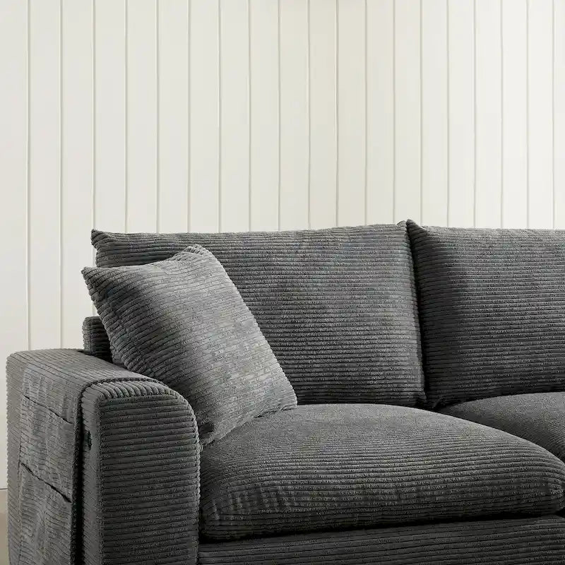 Divano sezionale modulare a U in velluto a coste 140 con pouf portaoggetti e console, caricatore USB, portabicchieri e sedute larghe 30