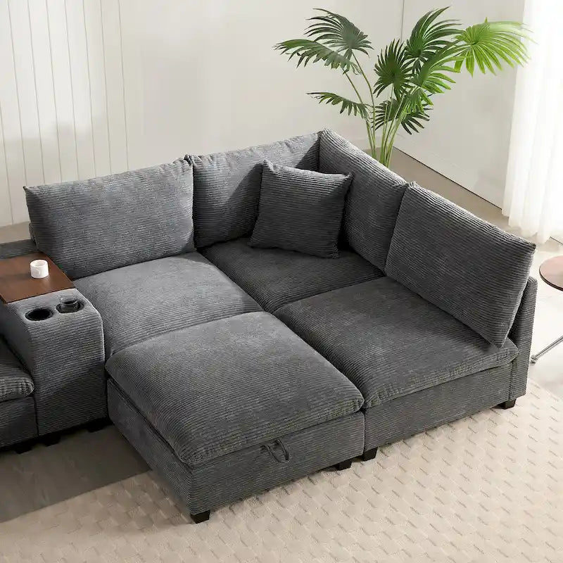 Divano sezionale modulare a U in velluto a coste 140 con pouf portaoggetti e console, caricatore USB, portabicchieri e sedute larghe 30