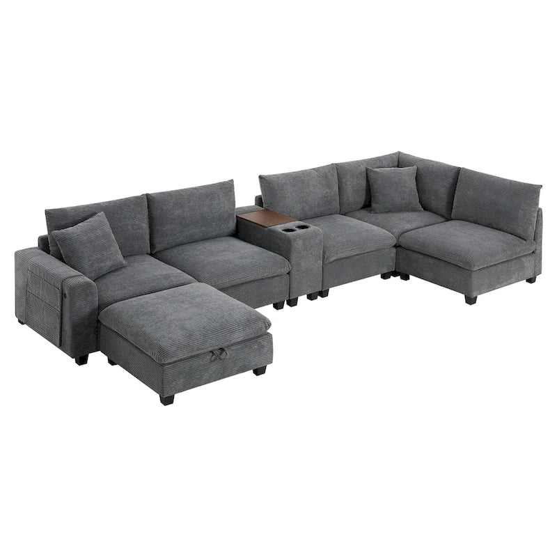 Divano sezionale modulare a U in velluto a coste 140 con pouf portaoggetti e console, caricatore USB, portabicchieri e sedute larghe 30