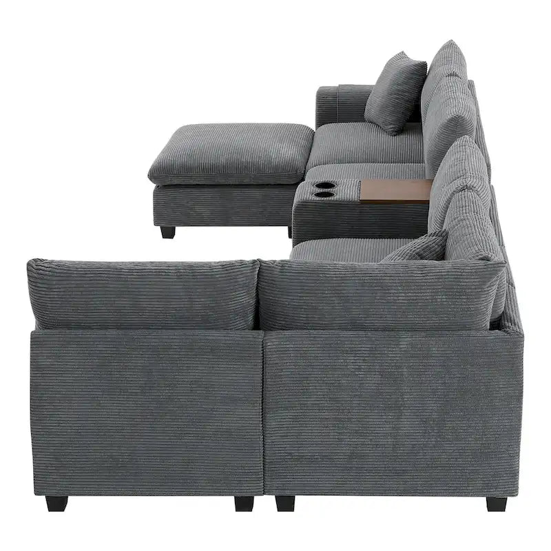 Divano sezionale modulare a U in velluto a coste 140 con pouf portaoggetti e console, caricatore USB, portabicchieri e sedute larghe 30