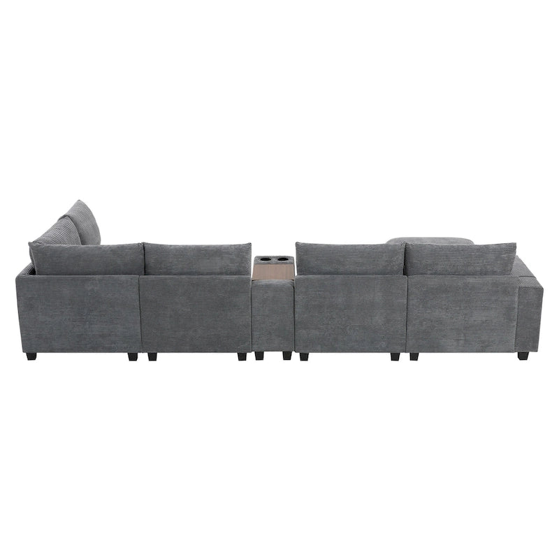 Divano sezionale modulare a U in velluto a coste 140 con pouf portaoggetti e console, caricatore USB, portabicchieri e sedute larghe 30