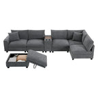 Divano sezionale modulare a U in velluto a coste 140 con pouf portaoggetti e console, caricatore USB, portabicchieri e sedute larghe 30