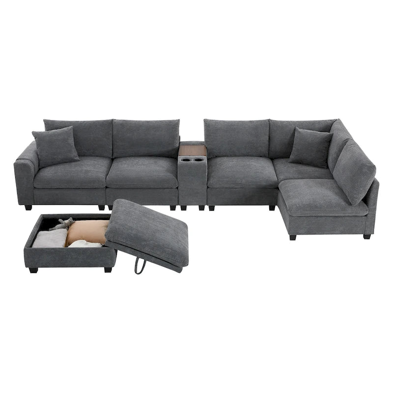 Divano sezionale modulare a U in velluto a coste 140 con pouf portaoggetti e console, caricatore USB, portabicchieri e sedute larghe 30