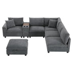 Divano sezionale modulare a U in velluto a coste 140 con pouf portaoggetti e console, caricatore USB, portabicchieri e sedute larghe 30