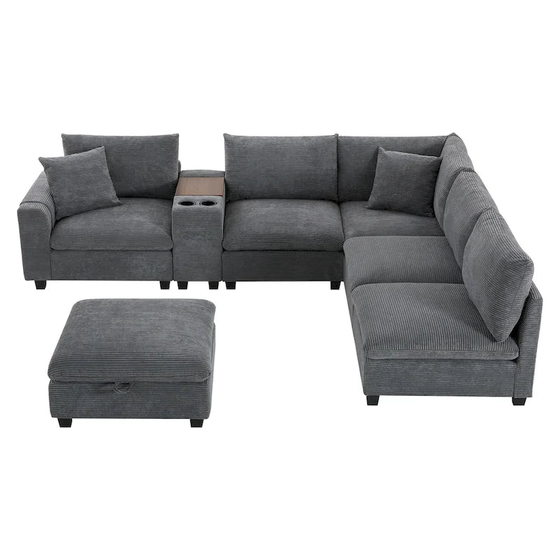 Divano sezionale modulare a U in velluto a coste 140 con pouf portaoggetti e console, caricatore USB, portabicchieri e sedute larghe 30