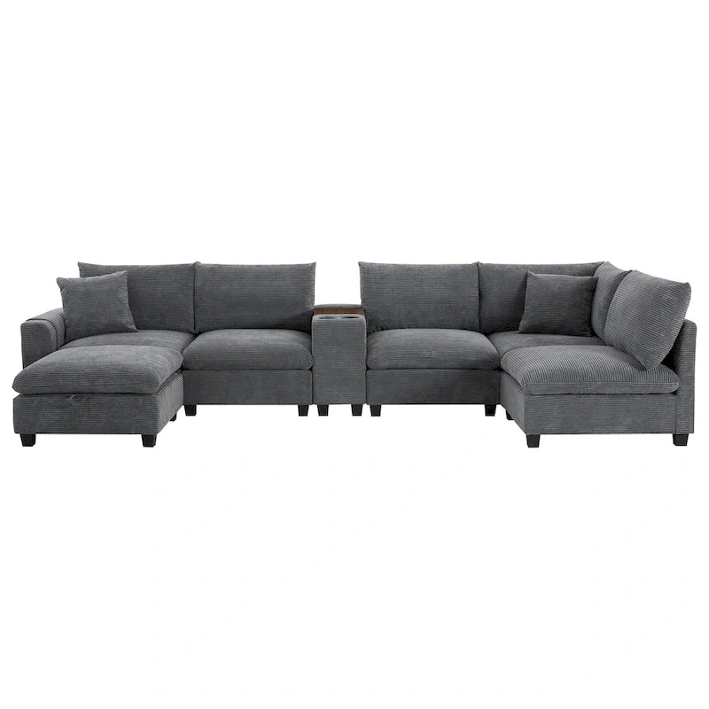 Divano sezionale modulare a U in velluto a coste 140 con pouf portaoggetti e console, caricatore USB, portabicchieri e sedute larghe 30