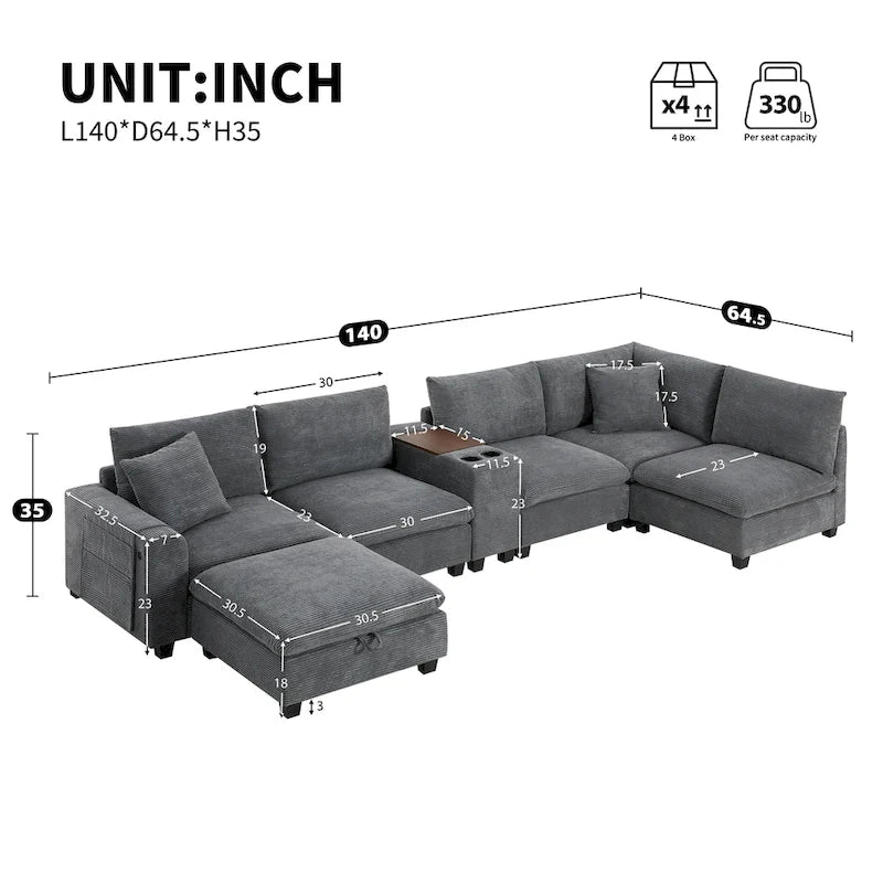 Divano sezionale modulare a U in velluto a coste 140 con pouf portaoggetti e console, caricatore USB, portabicchieri e sedute larghe 30
