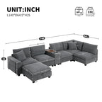 Divano sezionale modulare a U in velluto a coste 140 con pouf portaoggetti e console, caricatore USB, portabicchieri e sedute larghe 30