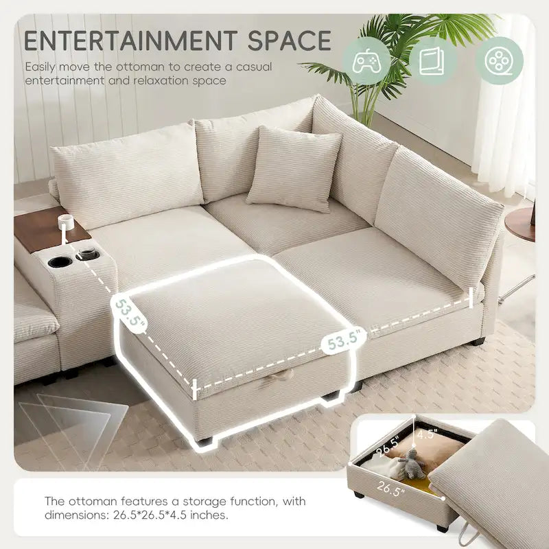 Divano sezionale modulare a U in velluto a coste 140 con pouf portaoggetti e console, caricatore USB, portabicchieri e sedute larghe 30