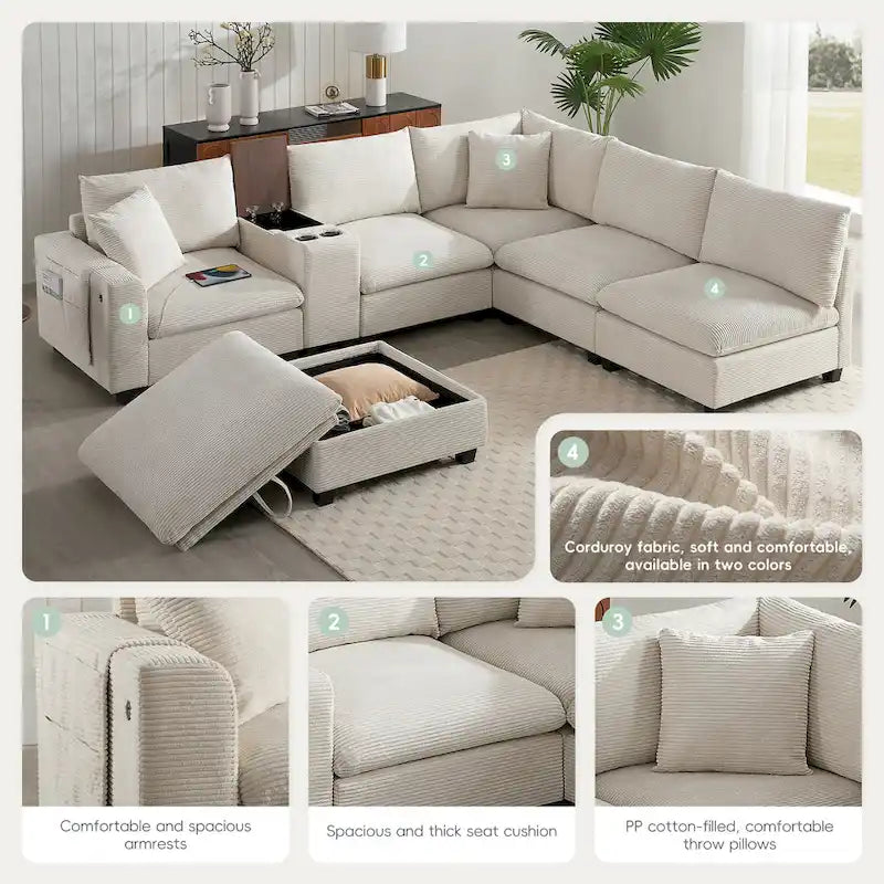 Divano sezionale modulare a U in velluto a coste 140 con pouf portaoggetti e console, caricatore USB, portabicchieri e sedute larghe 30