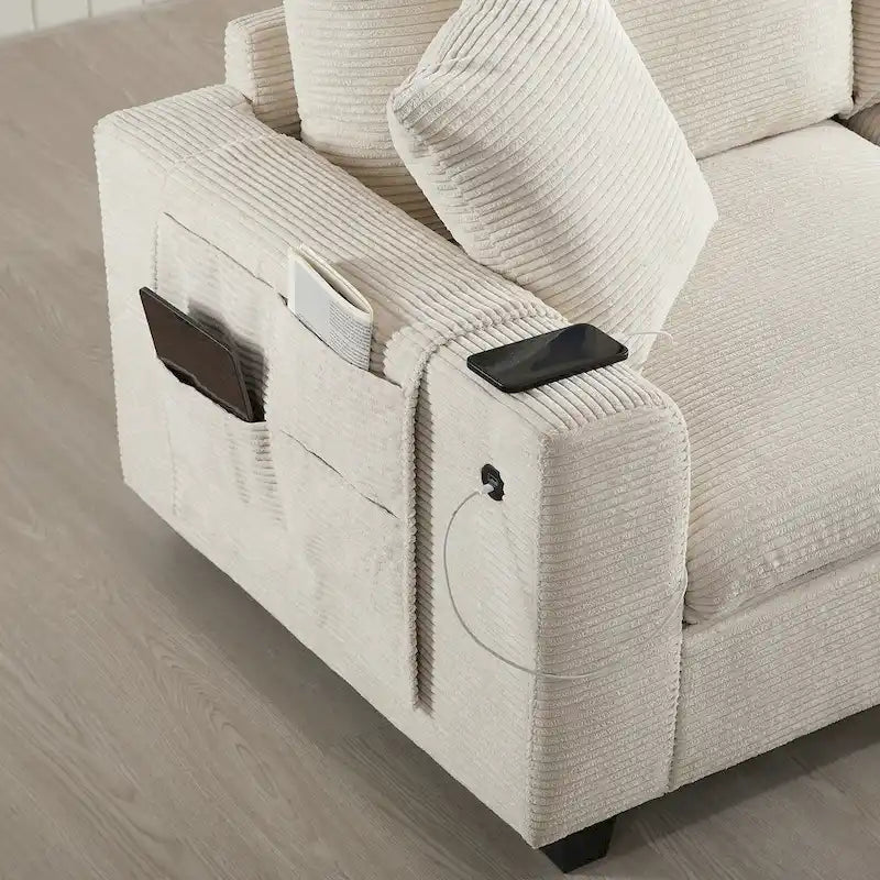 Divano sezionale modulare a U in velluto a coste 140 con pouf portaoggetti e console, caricatore USB, portabicchieri e sedute larghe 30