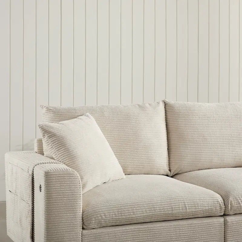 Divano sezionale modulare a U in velluto a coste 140 con pouf portaoggetti e console, caricatore USB, portabicchieri e sedute larghe 30