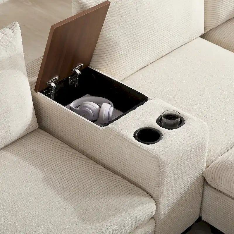 Divano sezionale modulare a U in velluto a coste 140 con pouf portaoggetti e console, caricatore USB, portabicchieri e sedute larghe 30