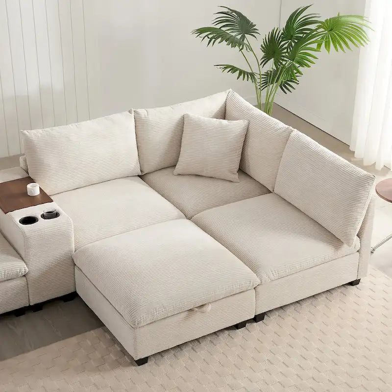 Divano sezionale modulare a U in velluto a coste 140 con pouf portaoggetti e console, caricatore USB, portabicchieri e sedute larghe 30