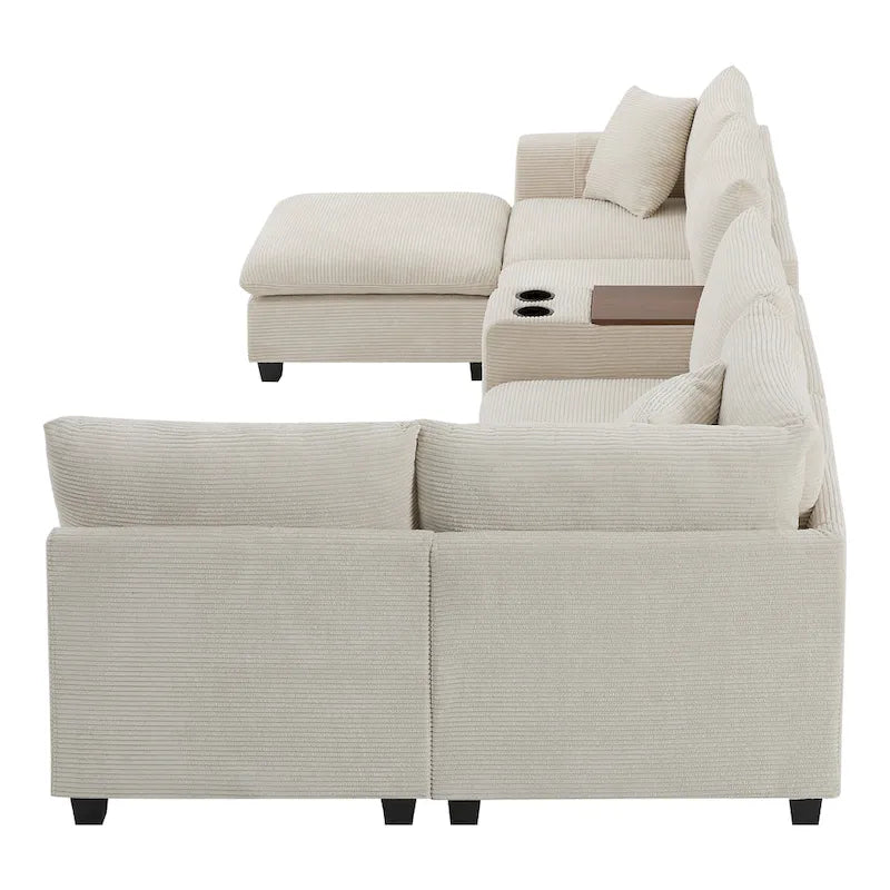 Divano sezionale modulare a U in velluto a coste 140 con pouf portaoggetti e console, caricatore USB, portabicchieri e sedute larghe 30