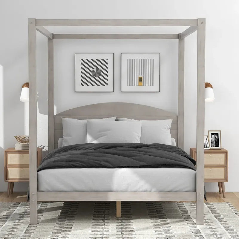 Letto a piattaforma a baldacchino in legno di pino con testiera, gambe di supporto, finitura lavata