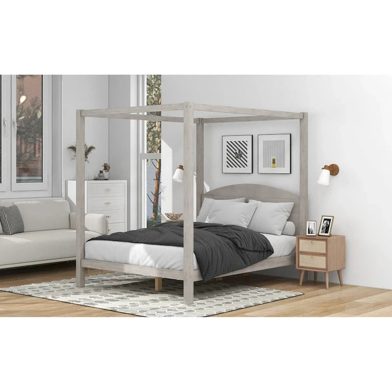 Letto a piattaforma a baldacchino in legno di pino con testiera, gambe di supporto, finitura lavata