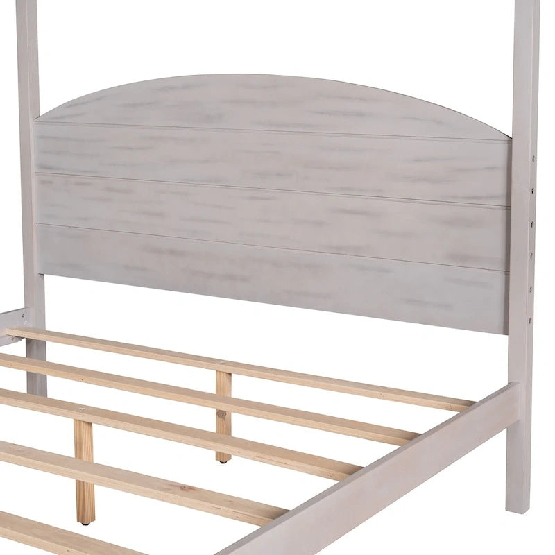 Letto a piattaforma a baldacchino in legno di pino con testiera, gambe di supporto, finitura lavata