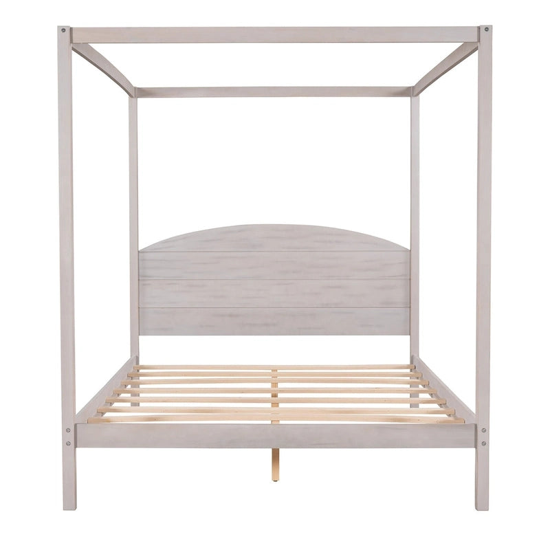 Letto a piattaforma a baldacchino in legno di pino con testiera, gambe di supporto, finitura lavata