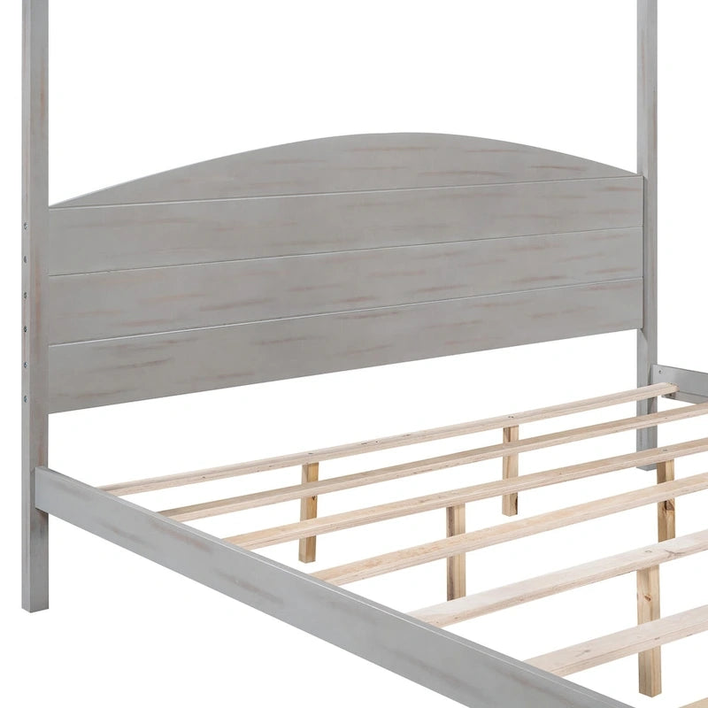 Letto a piattaforma a baldacchino in legno di pino con testiera, gambe di supporto, finitura lavata