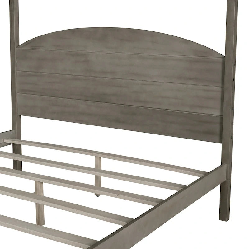Letto a piattaforma a baldacchino in legno di pino con testiera, gambe di supporto, finitura lavata