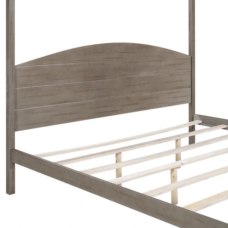 Letto a piattaforma a baldacchino in legno di pino con testiera, gambe di supporto, finitura lavata